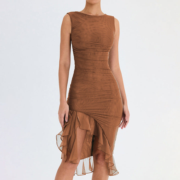 Damen figurbetontes Cocktailkleid mit raffinierten Rüschendetails und asymmetrischem Saum Drune