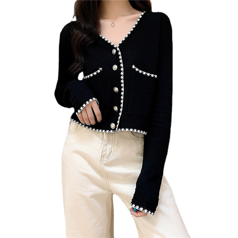 Damen modische Strickjacke mit kontrastierenden Details und Knopfleiste Drune