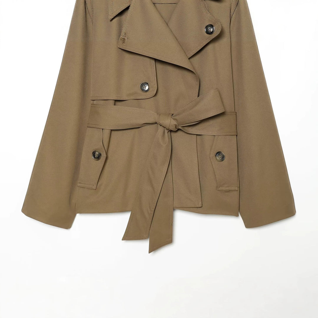 Damen kurz geschnittener Trenchcoat mit kontrastierendem Lederkragen und Taillengürtel Drune