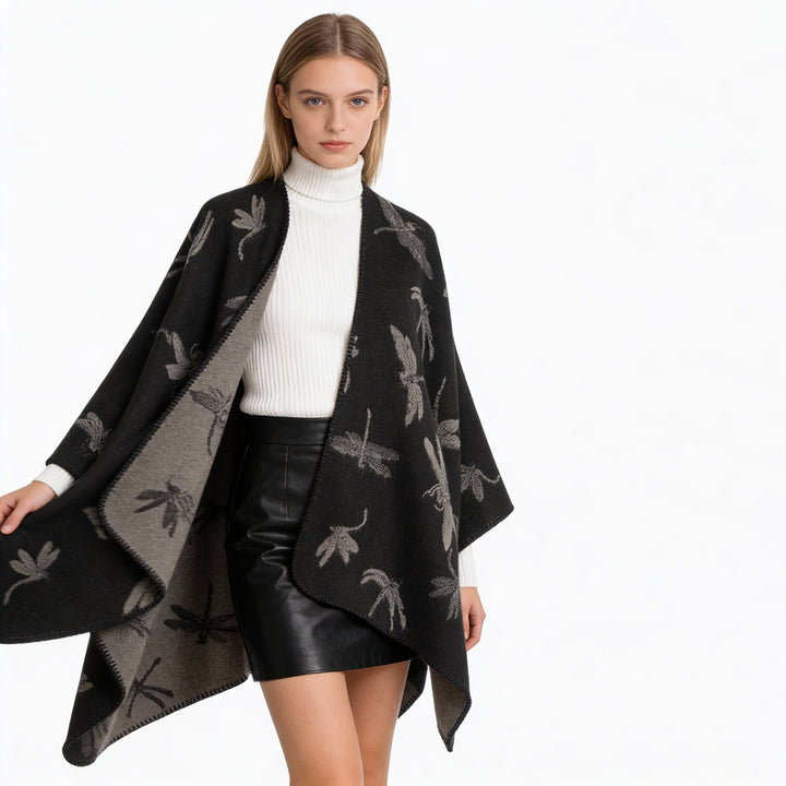Damen Reversibler Cape-Poncho mit Libellen-Jacquard und feinem Saum Drune