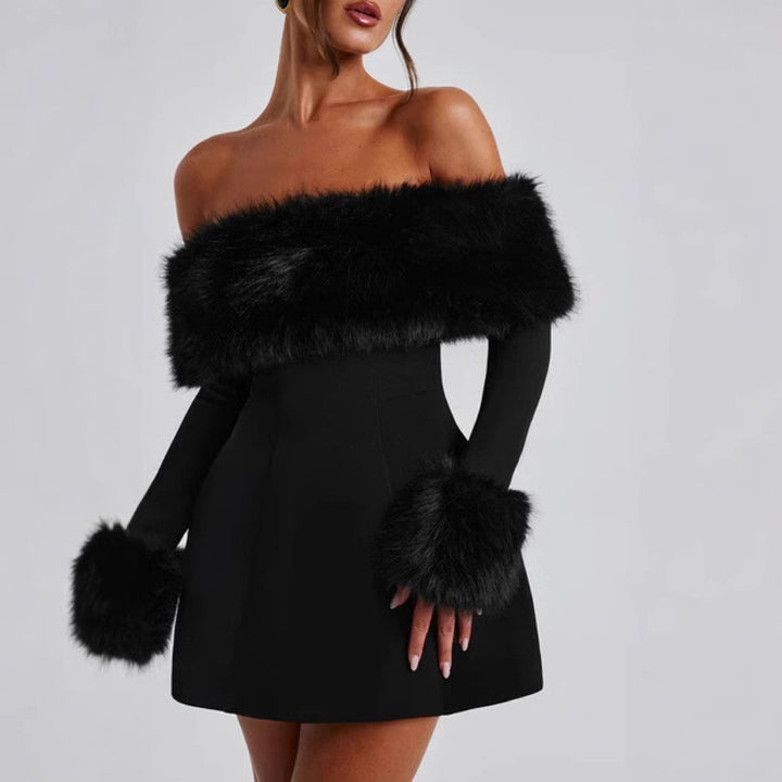 Damen Mini-Kleid mit elegantem schulterfreiem Design und luxuriösen Kunstfell-Akzenten Drune