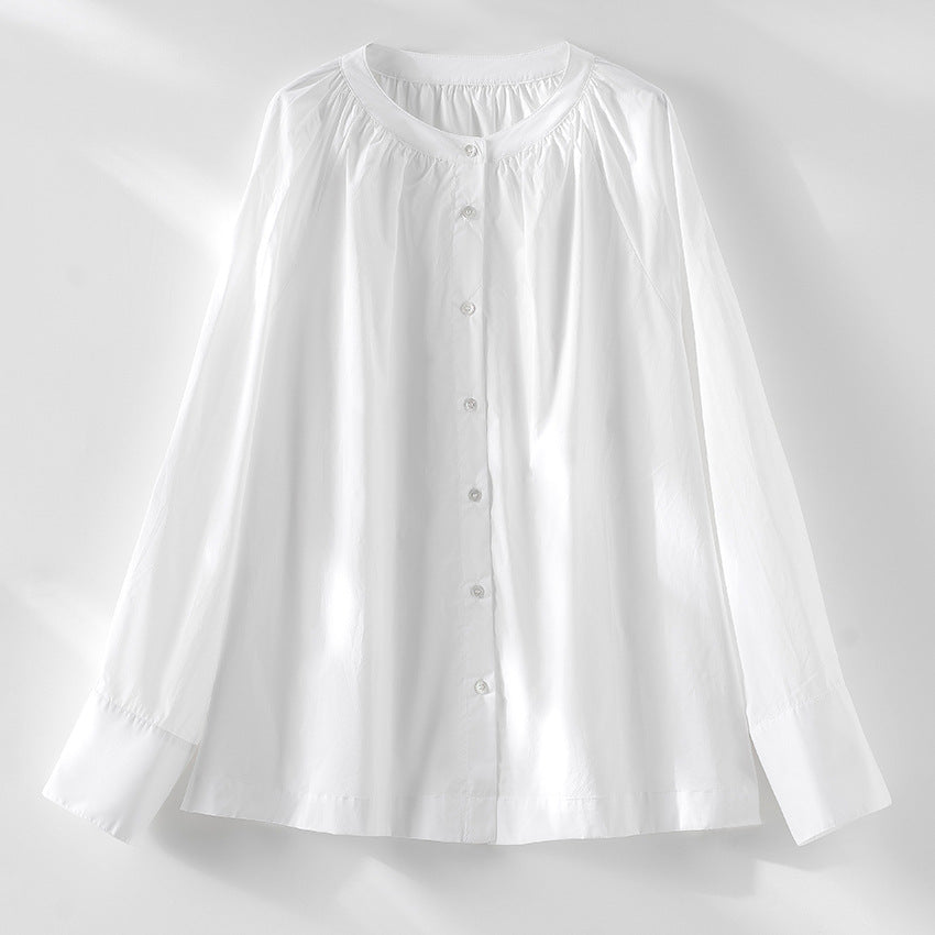 Damen Bluse mit gerafftem Rundhalsausschnitt und durchgehender Knopfleiste Drune
