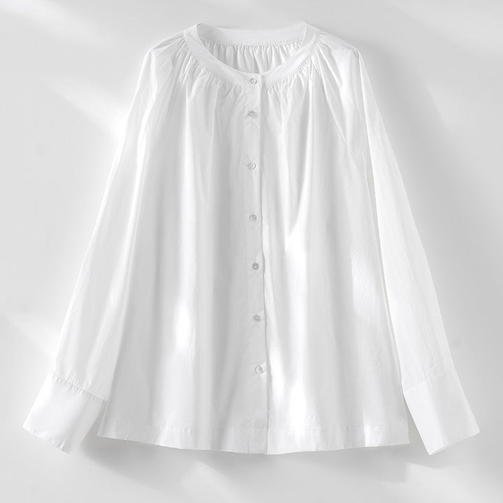 Damen Bluse mit gerafftem Rundhalsausschnitt und durchgehender Knopfleiste Drune