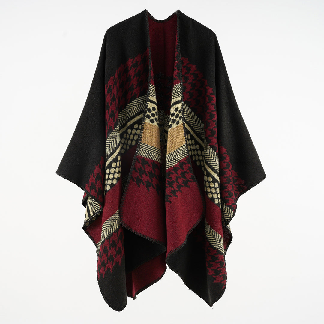 Damen Wohliger Oversize-Umhangponcho aus Wollmix mit Hahnentritt- und Grafikjacquard Drune