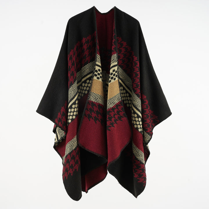 Damen Wohliger Oversize-Umhangponcho aus Wollmix mit Hahnentritt- und Grafikjacquard Drune