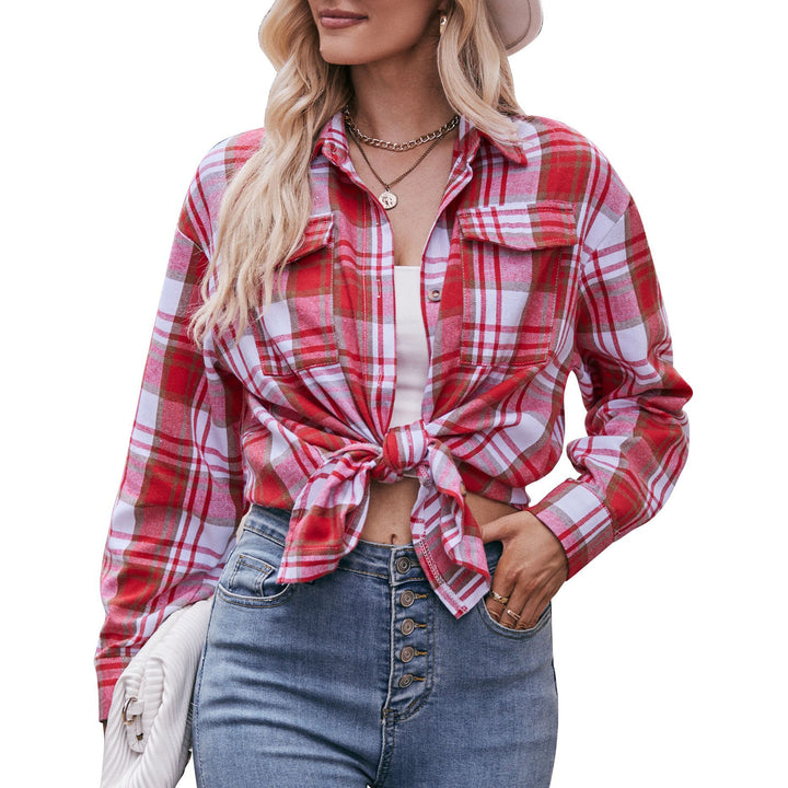 Damen kariertes Hemd mit knopfbarem Frontdesign und lässigem Knoten-Detail Drune