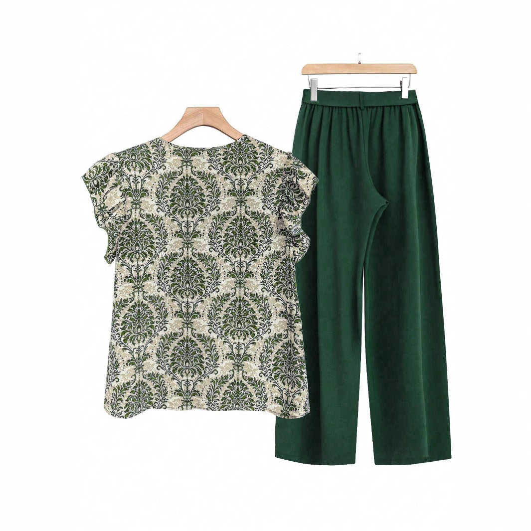 Damen Zweiteiliges Ensemble mit Rüschen-Printbluse und weitem Taillen-Hosenmodell Drune