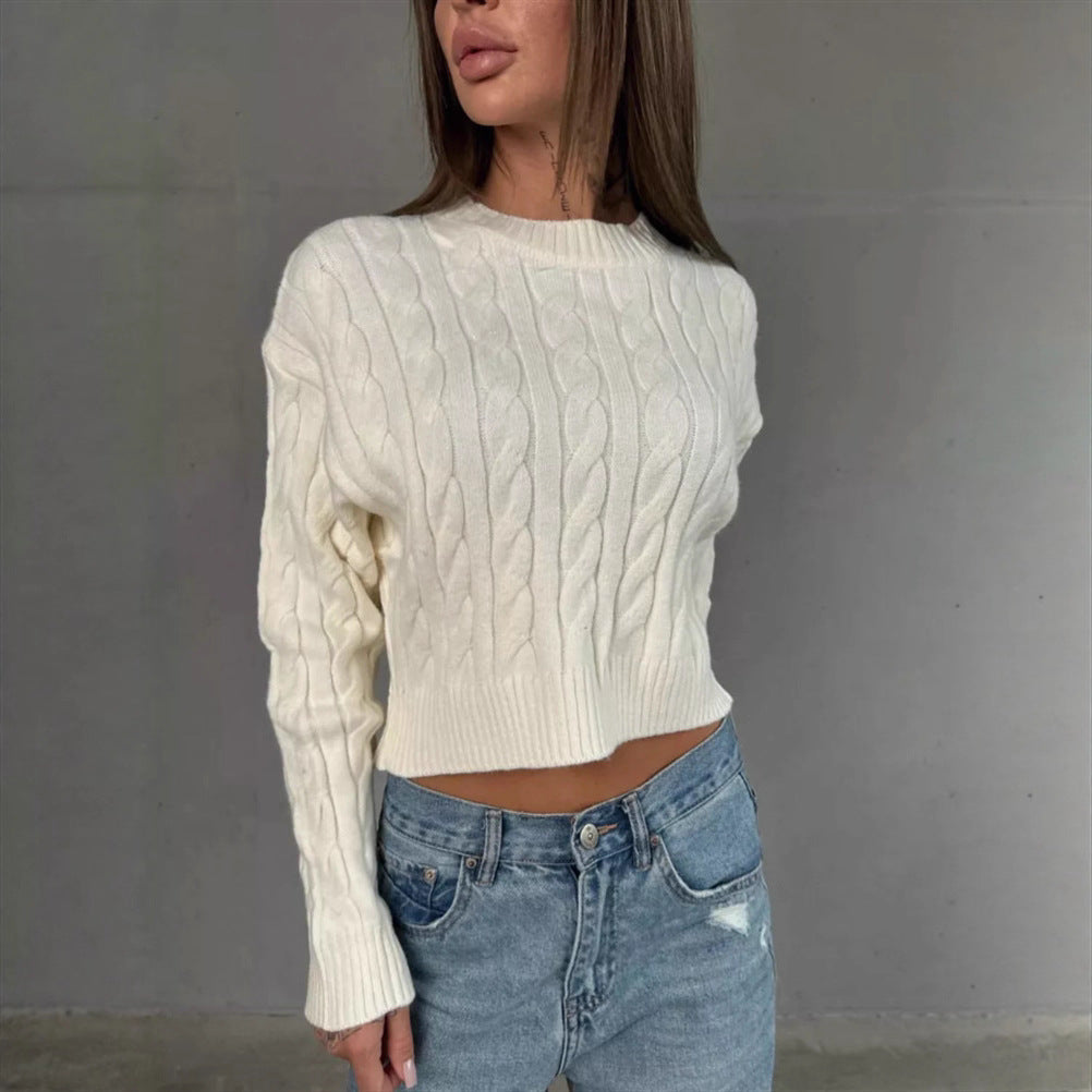 Damen Kurzer Boxy-Zopfstrickpullover mit geripptem Saum und Rundhalsausschnitt Drune