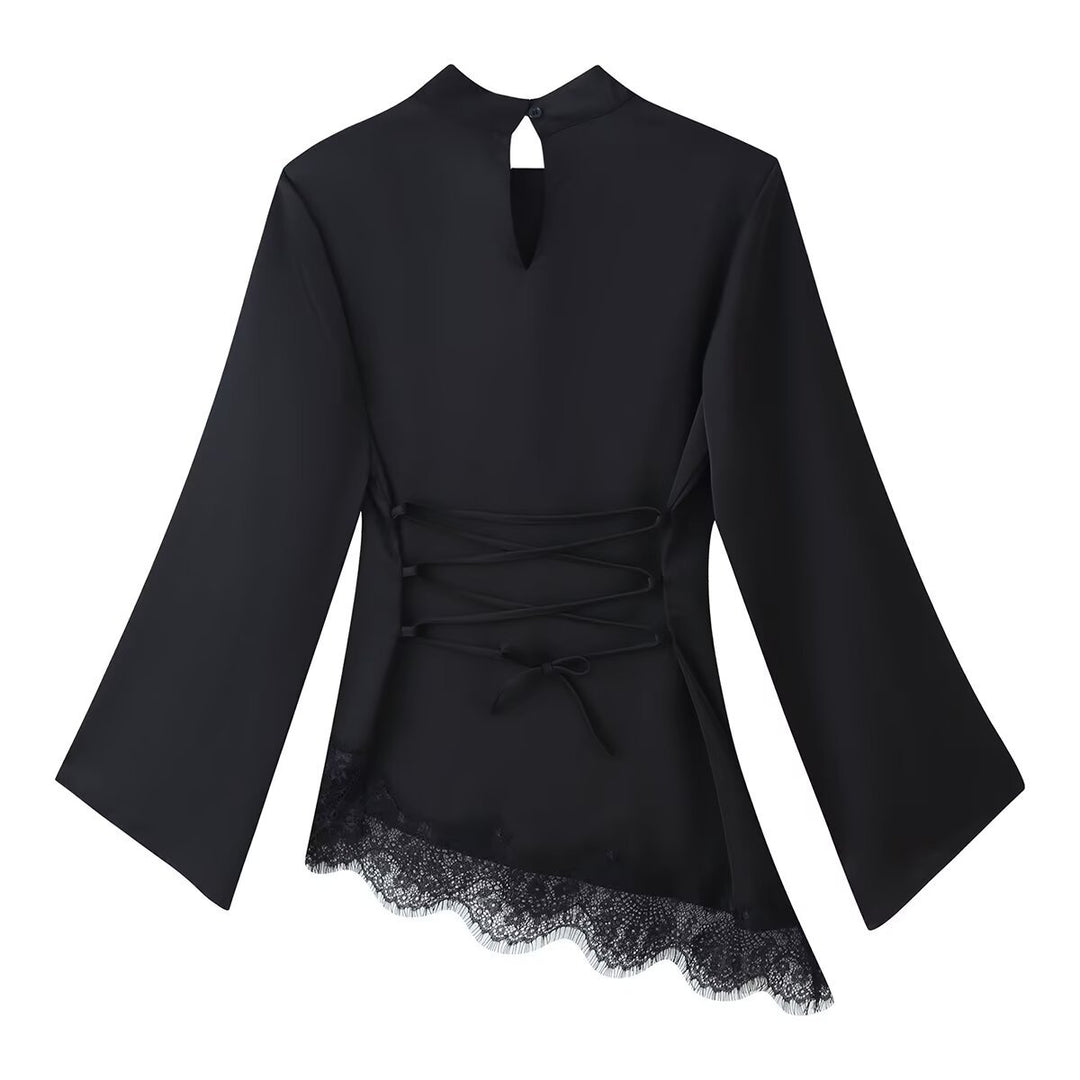 Damen Asymmetrisches Satin-Top mit Spitzenbesatz, Stehkragen und Glockenärmeln Drune