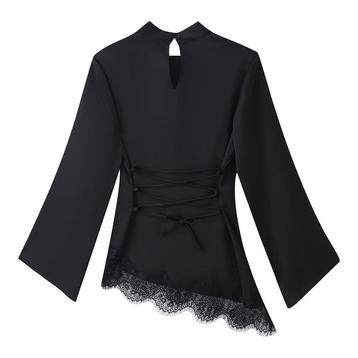 Damen Asymmetrisches Satin-Top mit Spitzenbesatz, Stehkragen und Glockenärmeln Drune