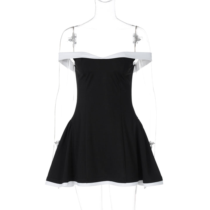 Damen Off-Shoulder Mini-Kleid mit voluminösem Rock und kontrastierenden Säumen Drune