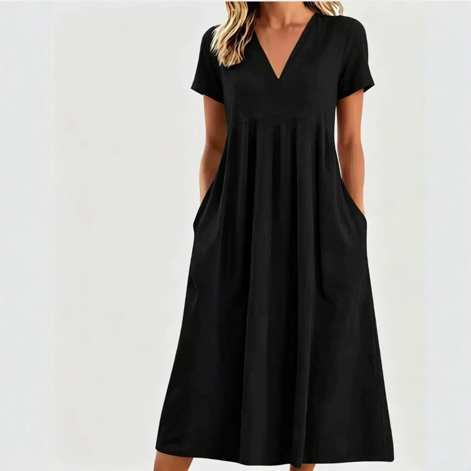 Damen nan legeres V-Ausschnitt-Midikleid mit Eingrifftaschen und geraffter Empirenaht Drune