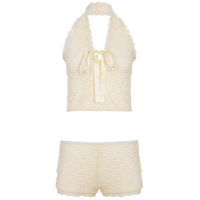 Damen Schlafset mit zarten Spitzen- und Rüschendetails Drune
