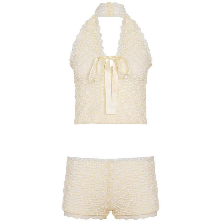 Damen Schlafset mit zarten Spitzen- und Rüschendetails Drune