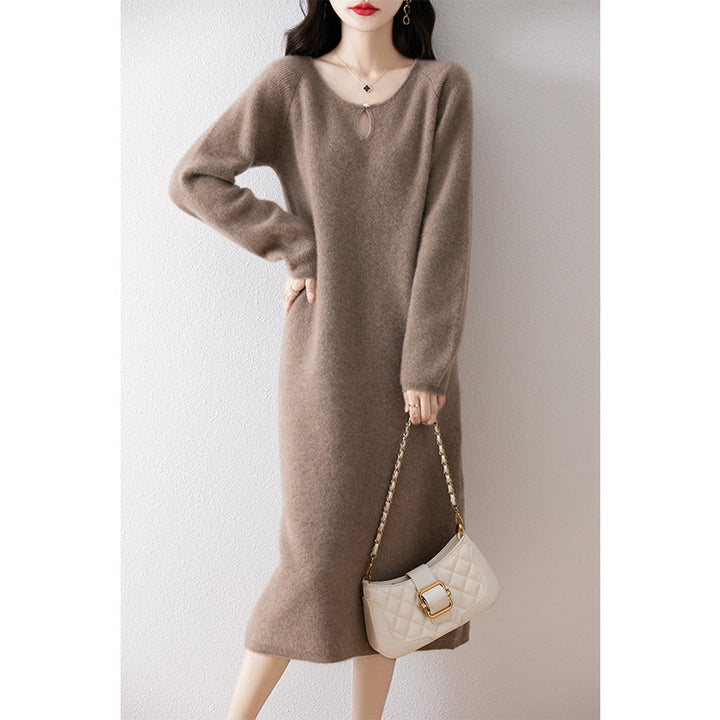 Damen gemütliches Strickkleid mit tiefem Ausschnitt und eleganter Schnittführung Drune