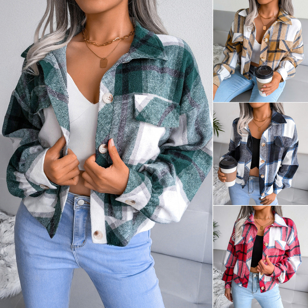 Damen Karo Overshirt mit Druckknopfverschluss und Brusttaschen Drune