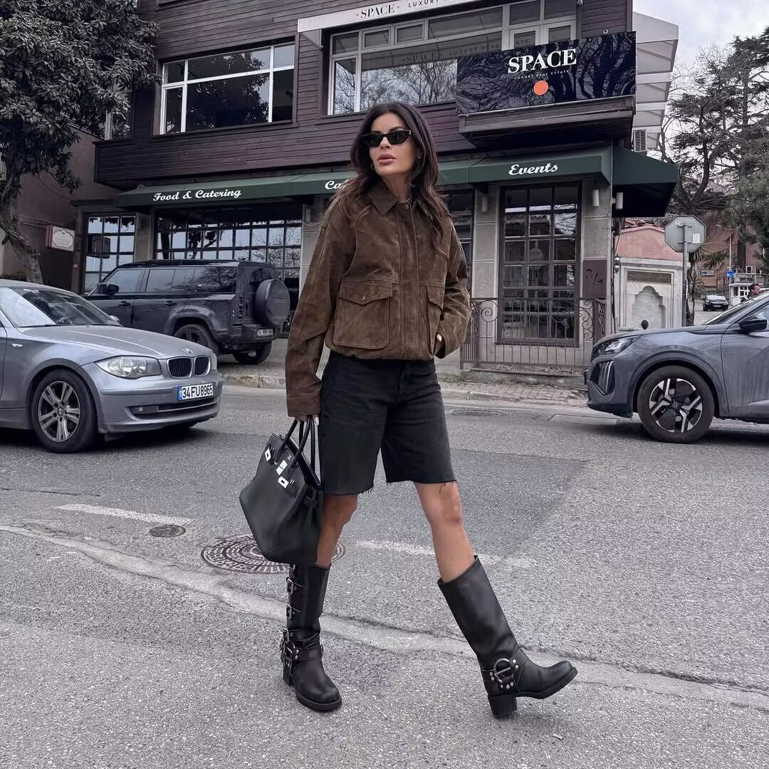 Damen nan Oversize-Fieldjacke in Velourslederoptik mit Pattentaschen, Hemdkragen und elastischem Saum Drune