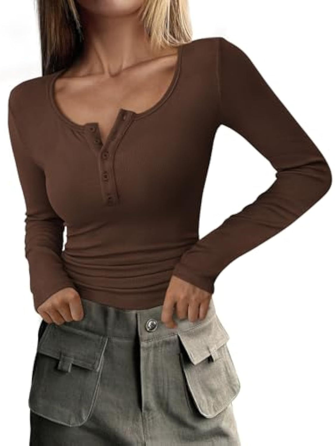 Damen Langärmeliges Rippshirt mit Henley-Knopfleiste und taillierter Passform Drune