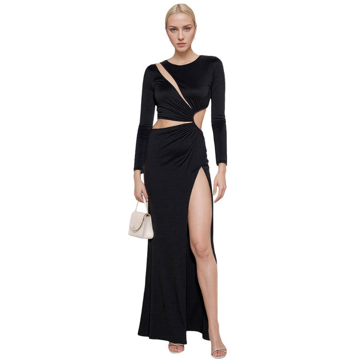Damen elegantes Cut-Out Maxikleid mit taillierten Akzenten und hohem Schlitz Drune