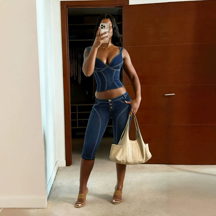 Damen Komfortable Caprijeans mit dekorativen Knöpfen Drune