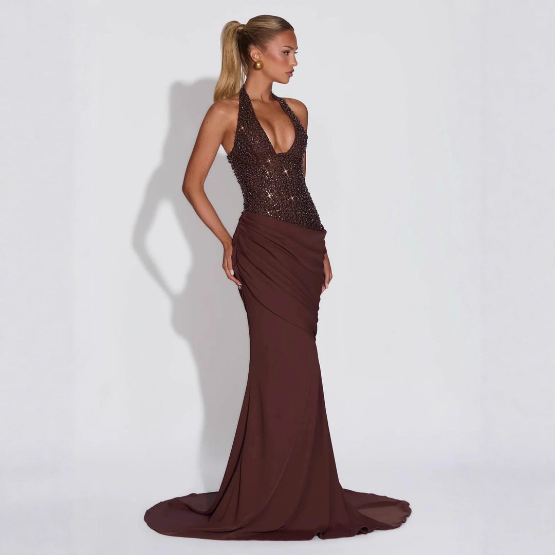 Damen Glamouröses Abendkleid mit tiefem V-Ausschnitt und dekorativen Pailletten Drune