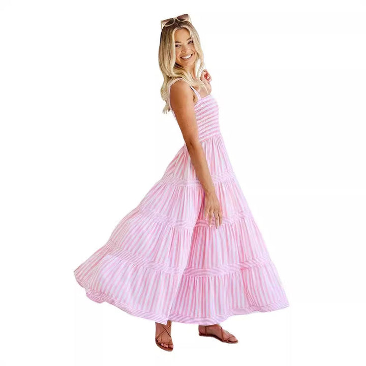Damen Lange Sommerkleid mit schmalen Trägern und voluminösem Rock Drune