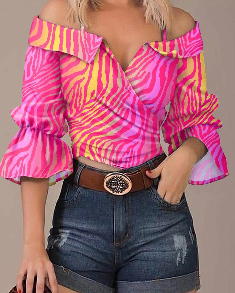 Damen Off-Shoulder Bluse mit buntem Streifenmuster und weiten Ärmeln Drune