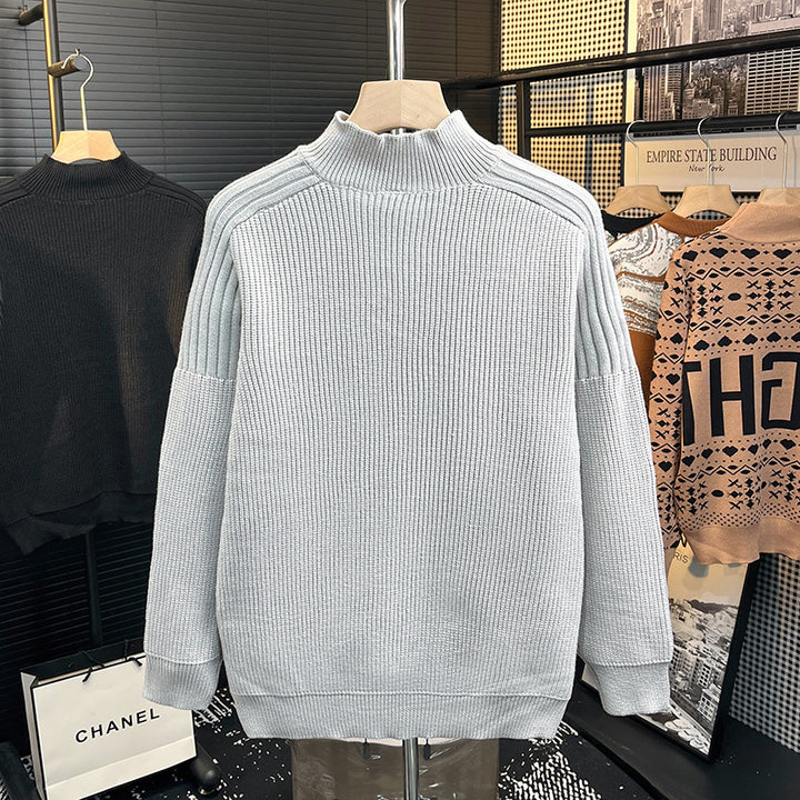 Herren Grobstrick-Pullover mit halber Knopfleiste und hohem Stehkragen Drune