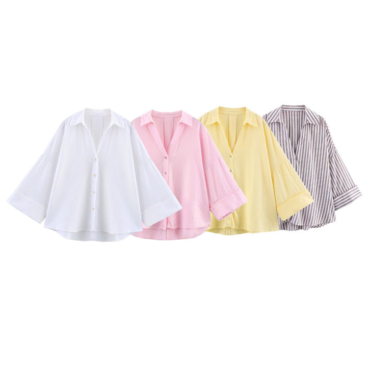 Damen lässige Bluse mit voluminösen Ärmeln und durchgehender Knopfleiste Drune