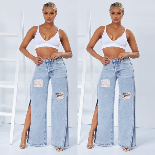 Damen weite High-Waist-Jeans mit seitlichen Beinschlitzen, Destroyed-Knie und formendem Bund Drune