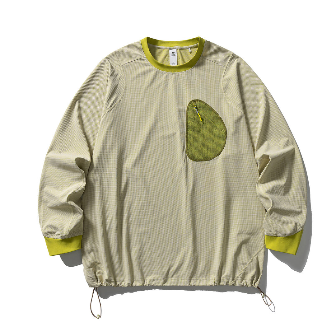 Unisex Leichter technischer Rundhals-Pullover mit Brust-Zip-Tasche, Kordelzugsaum und gerippten Bündchen Drune