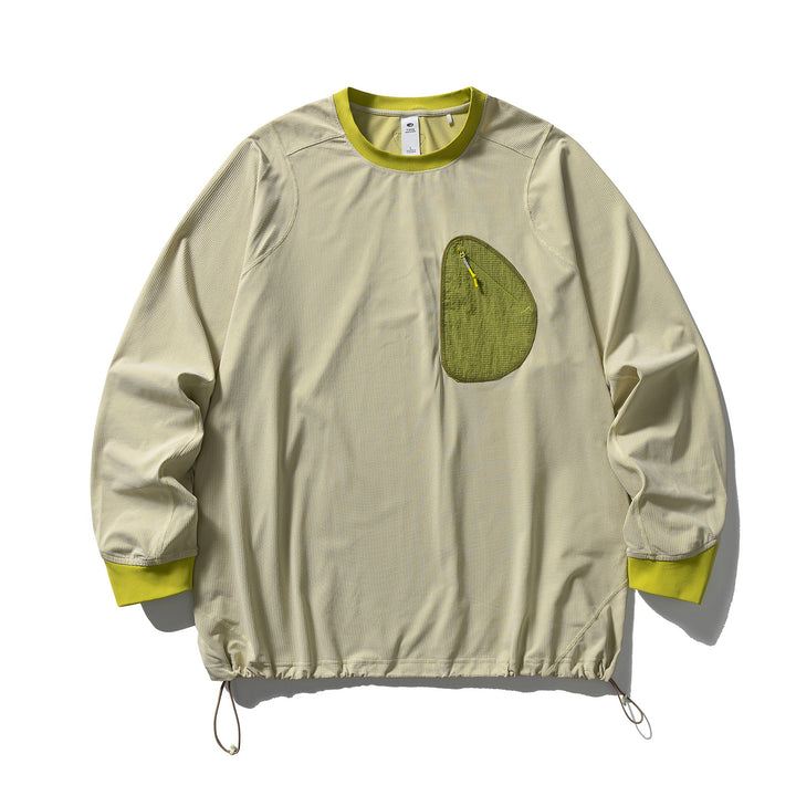 Unisex Leichter technischer Rundhals-Pullover mit Brust-Zip-Tasche, Kordelzugsaum und gerippten Bündchen Drune