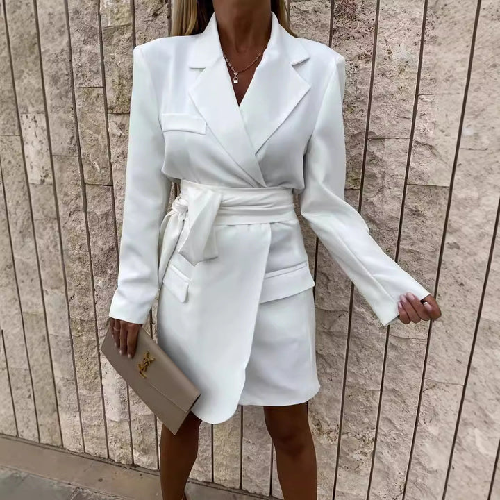 Damen elegantes Mikrokleid mit Gürtel und Taschen Drune