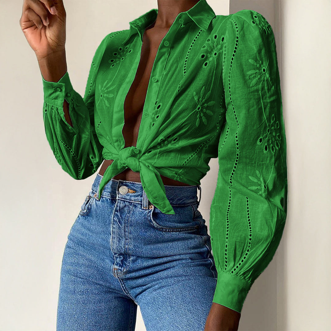 Damen Transparente Bluse mit Stickereien und Rüschendetails Drune