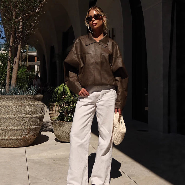 Damen Boxy Cropped Lederimitat‑Blouson mit Oversize‑Schulter Drune