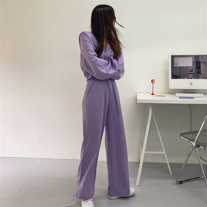Damen modisches Drei-Teiliges Set mit cropped Hoodie, Tanktop und weiten Hosen Drune