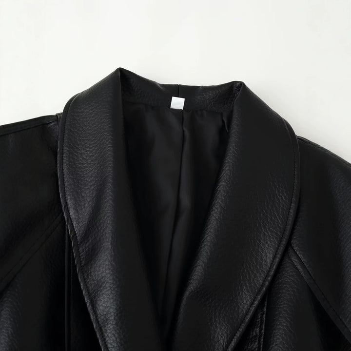 Damen Taillierte Kunstleder-Jacke mit Schalkragen und Bindegürtel Drune