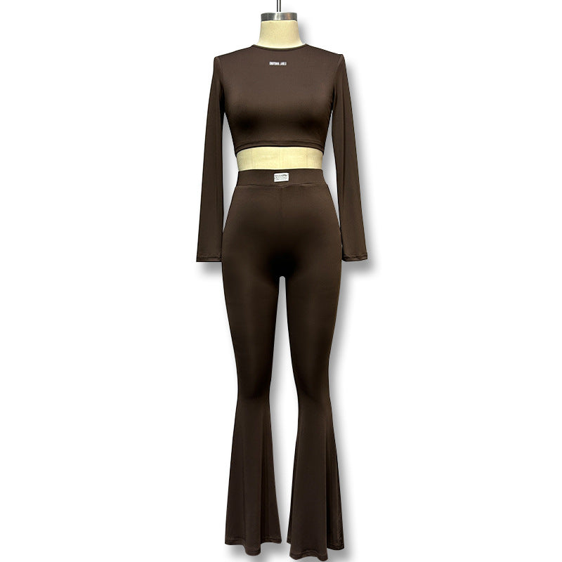 Damen Langarm Cropped Top und Flared Pants Set Drune