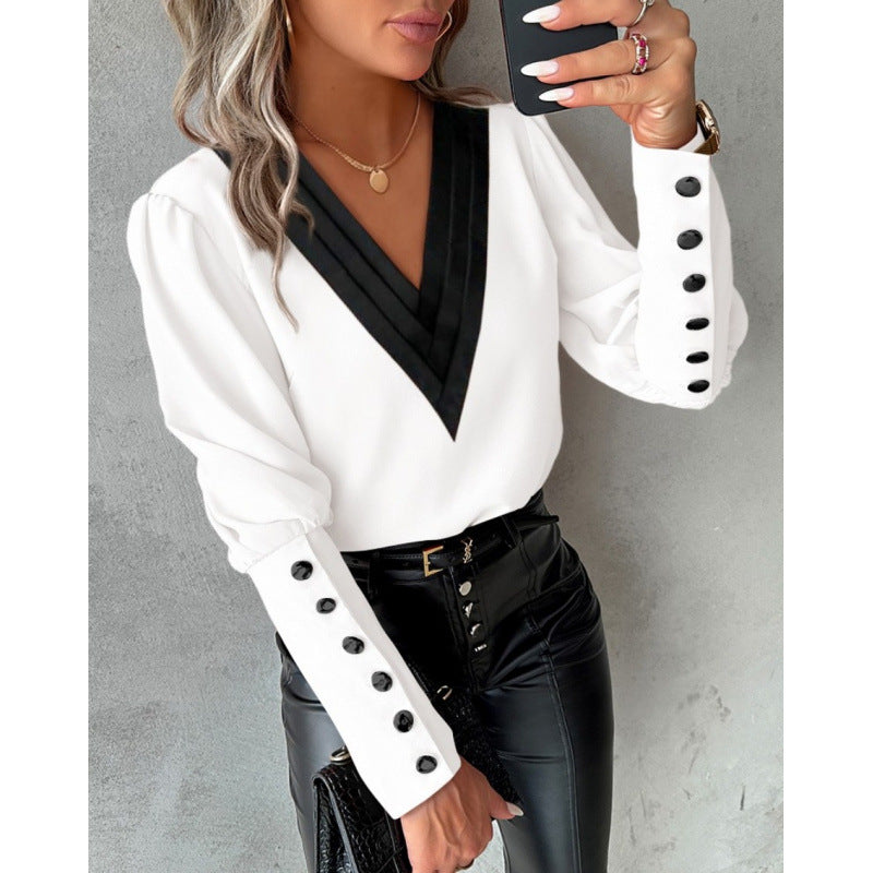 Damen Bluse mit V-Ausschnitt und eleganten Puffärmeln Drune