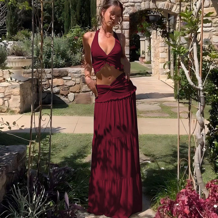 Damen Zweiteiliges Sommer-Outfit mit Knotted Top und fließendem Rock Drune