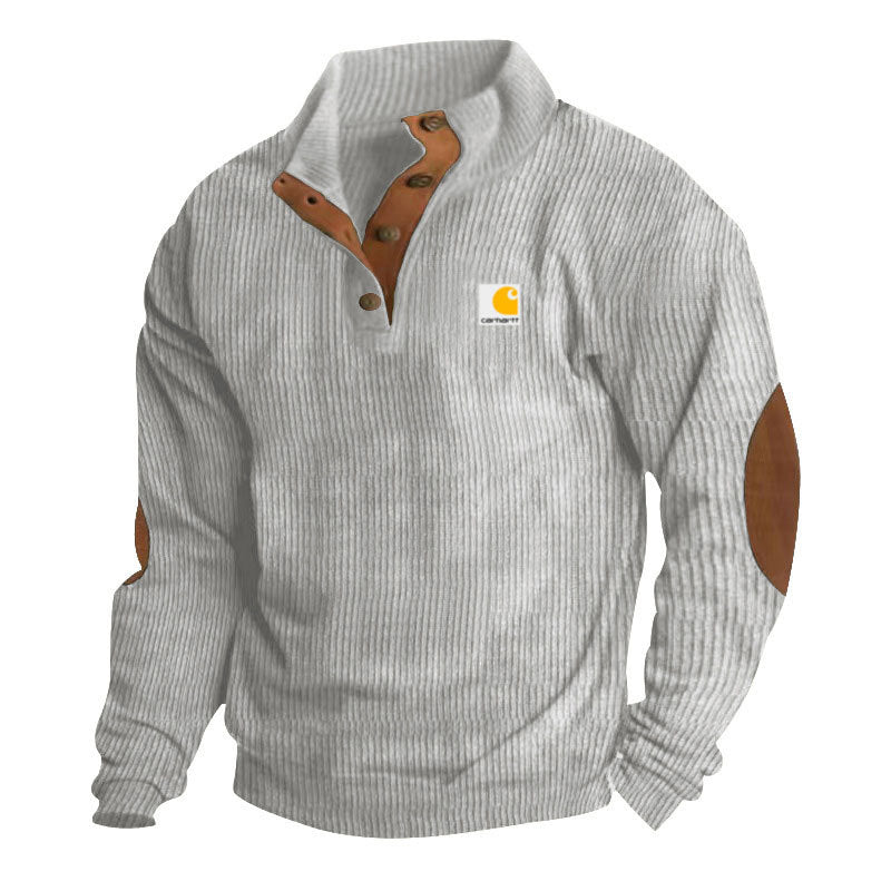 Herren nan Strickpullover im Troyer-Stil mit Stehkragen Lederbesatz Druckknopfleiste und Ellbogen-Patches Drune
