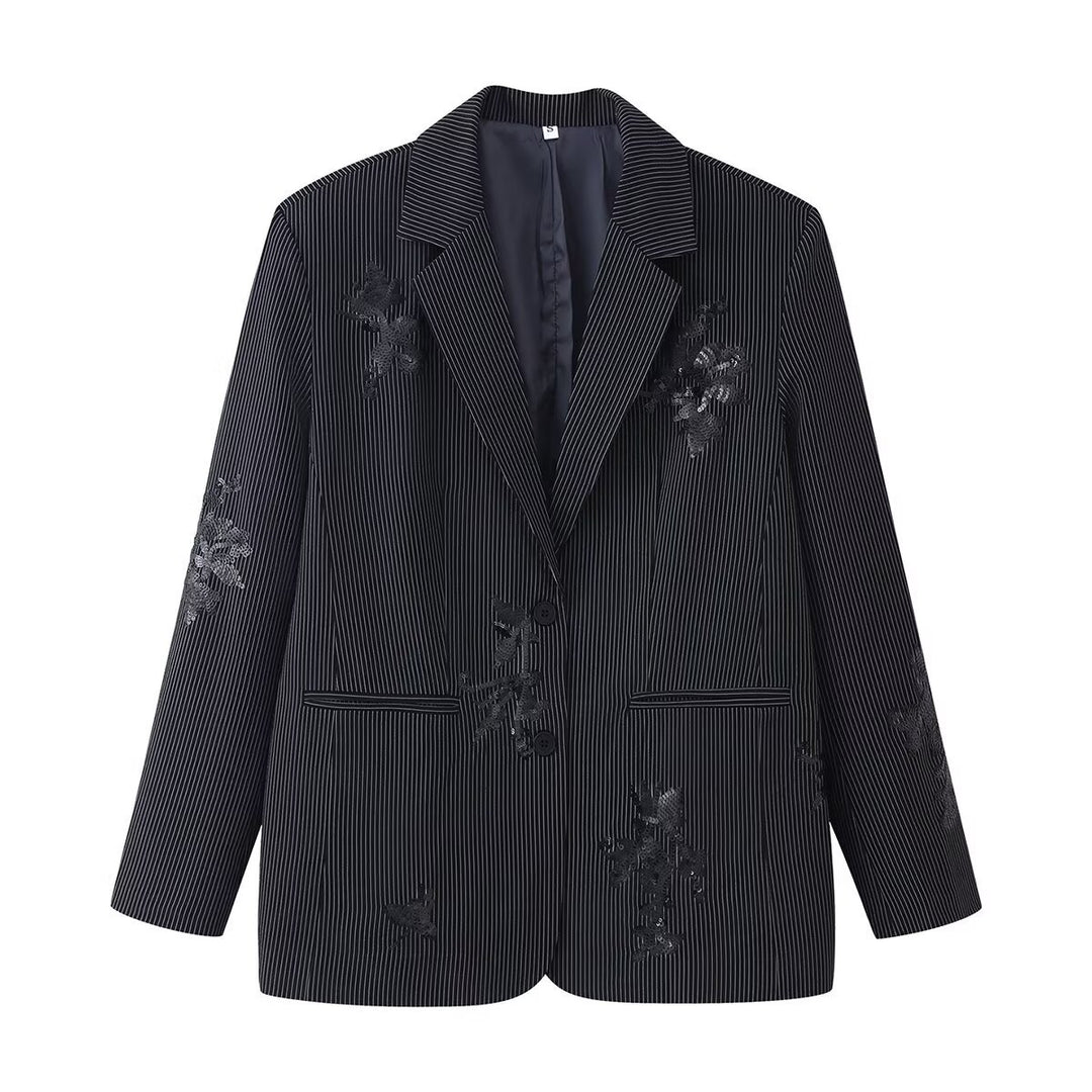 Damen Hochtaillierte weite Marlenehose mit Nadelstreifen und Paillettenstickerei Drune