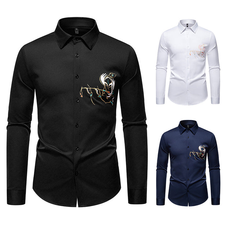 Herren Slim-Fit Businesshemd mit aufwendiger Bruststickerei und Kentkragen Drune