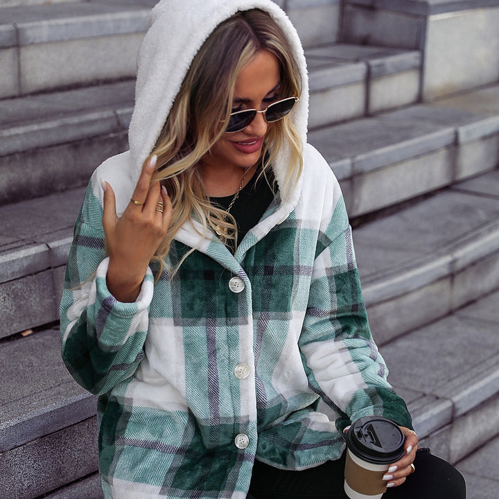 Damen Kuschelige Fleecejacke mit Kapuze und kariertem Design Drune