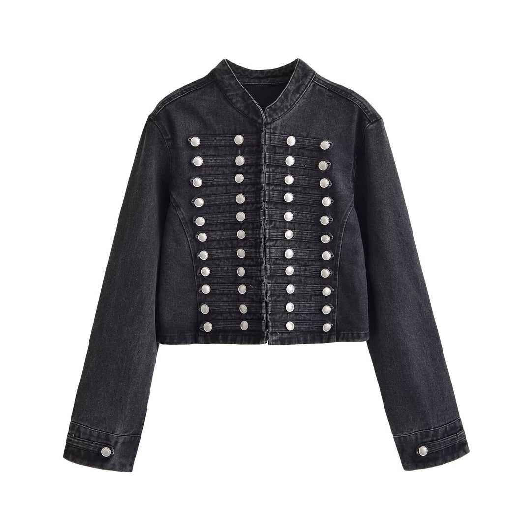 Damen Jeansjacke im Military-Stil mit Stehkragen und dekorativen Zierknopfleisten Drune