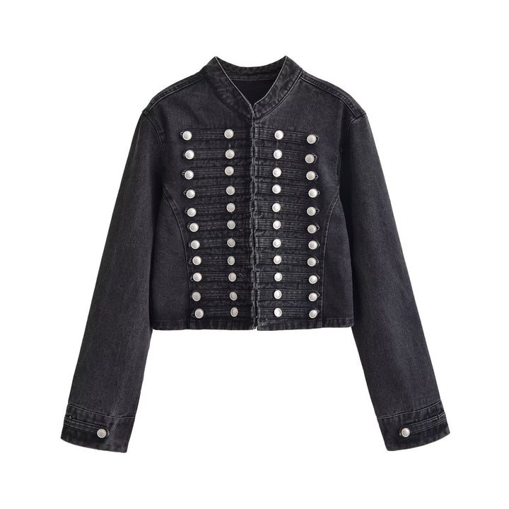 Damen Jeansjacke im Military-Stil mit Stehkragen und dekorativen Zierknopfleisten Drune