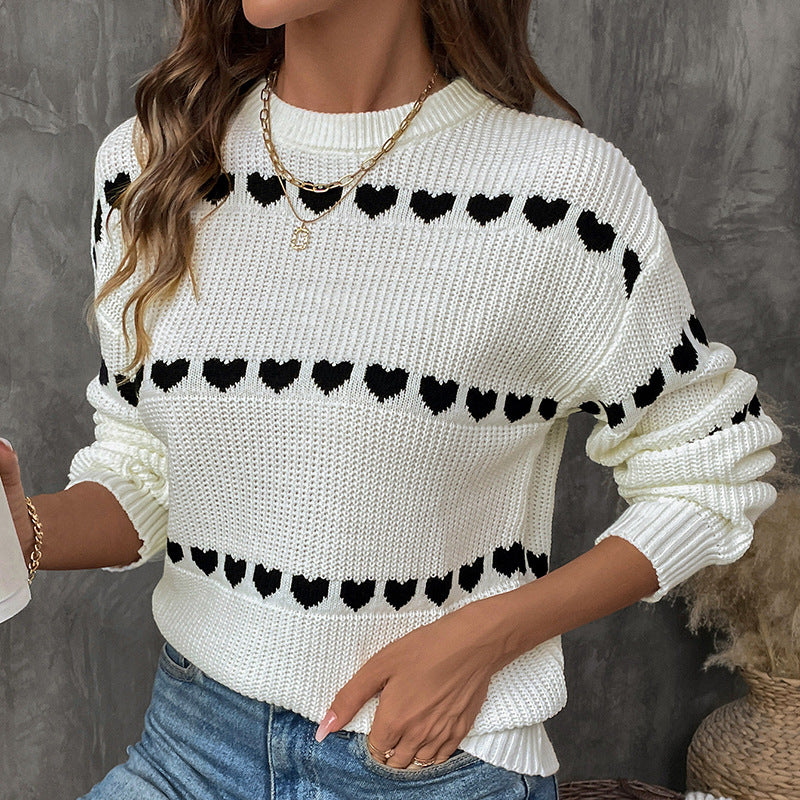 Damen Strickpullover mit Herz-Jacquard, Oversize-Rundhals & Rippbündchen Drune