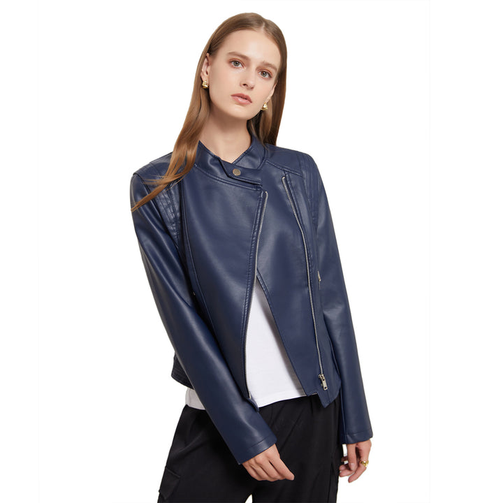 Damen nan kurze taillierte Bikerjacke aus Kunstleder mit asymmetrischem Reißverschluss Drune