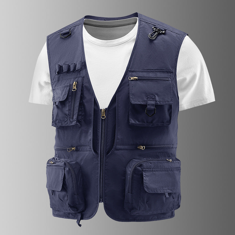 Herren Multifunktionale Outdoor-Utilityweste mit zahlreichen Reißverschlusstaschen, D-Ring und Karabiner Drune