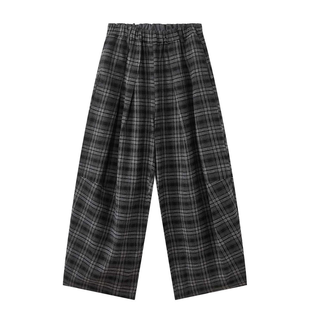 Damen Weite karierte Palazzo-Hose mit Bundfalten und elastischem Bund Drune